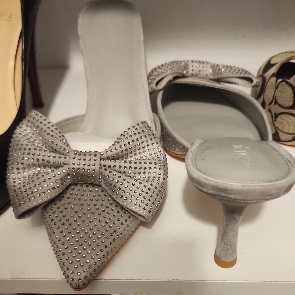 Glamorous Silver Studded Women's Heels with Bow